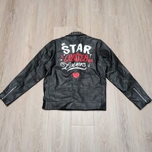 Reclaimed Vintage Studded Leather Biker Jacket Womens L Black Star Crossed Moto